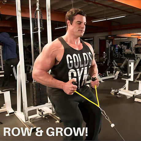 Man in gym doing a seated cable row exercise, wearing a Gold's Gym tank top. Text: "ROW & GROW!.