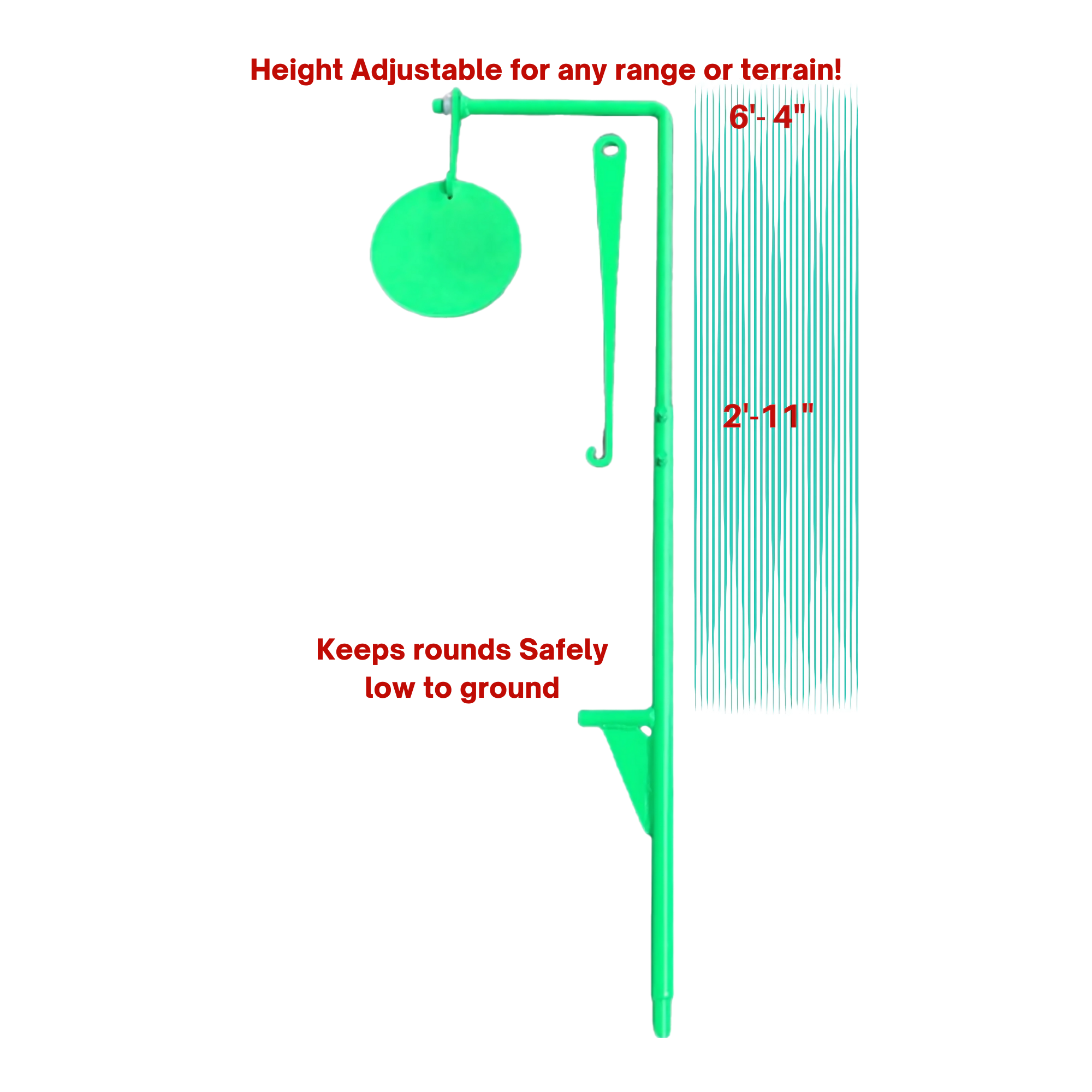 The AR500 Steel Targets & Steel Target Stands feature an adjustable green metal stand (height: 2'-11" to 6'-4"), compatible with gong targets and equipped with a safety feature.