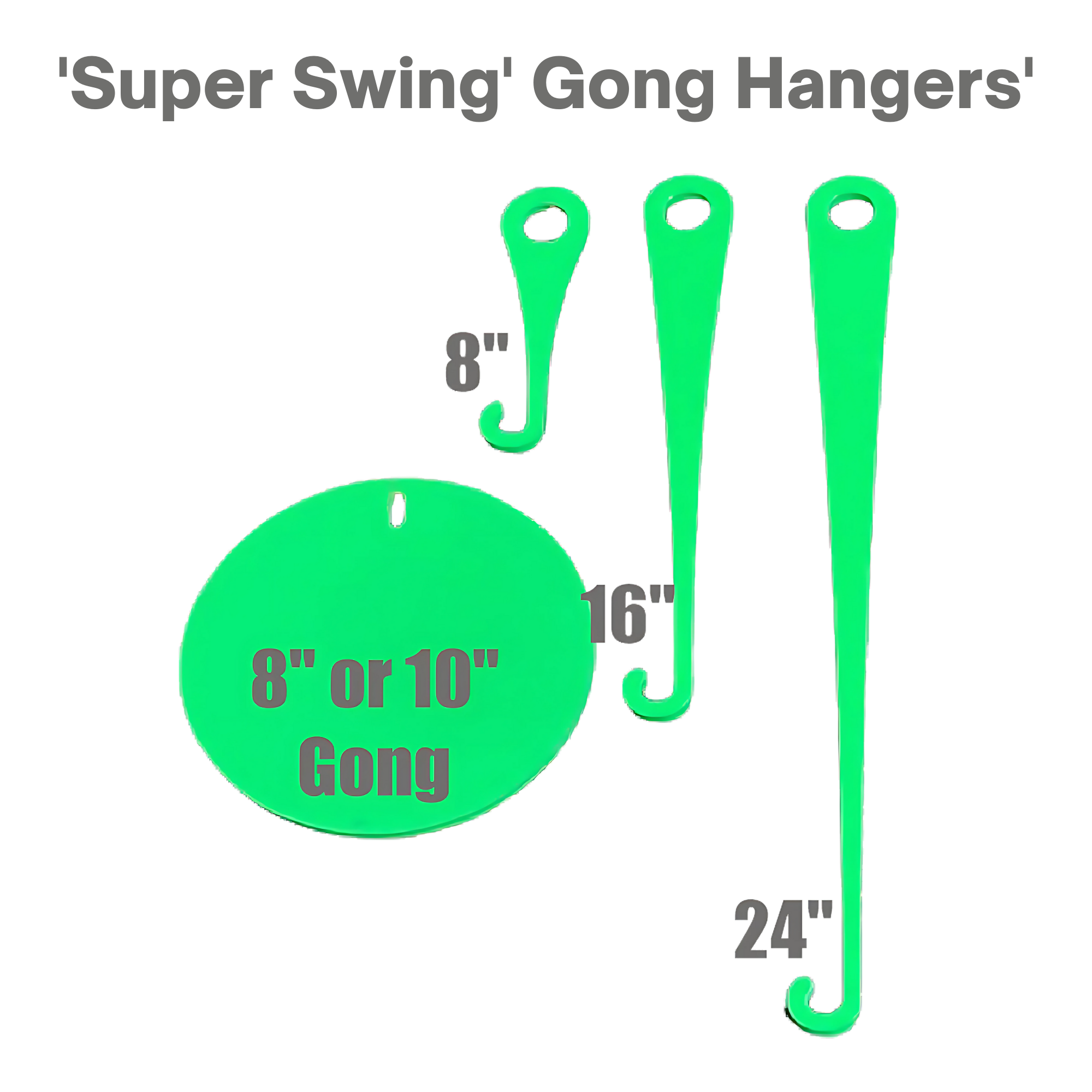 Three AR500 Steel Targets & Steel Targets Stands in green (8", 16", 24") are displayed next to a matching green 8" or 10" gong target, all set against a black background—ideal for showcasing durable steel plates or gong targets.