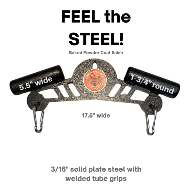 The Convertible Plus Tricep Rope 'Super Set' Tricep Attachment features commercial gym shackles, is 17.5" wide with a black powder coat, labeled measurements, and is ideal for effective triceps targeting and Super Set routines.