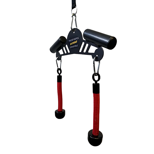 The Convertible Plus Tricep Rope 'Super Set' Attachment features black and red handles with hanging attachments, designed for targeted triceps training—ideal for your fitness routine in any commercial gym.