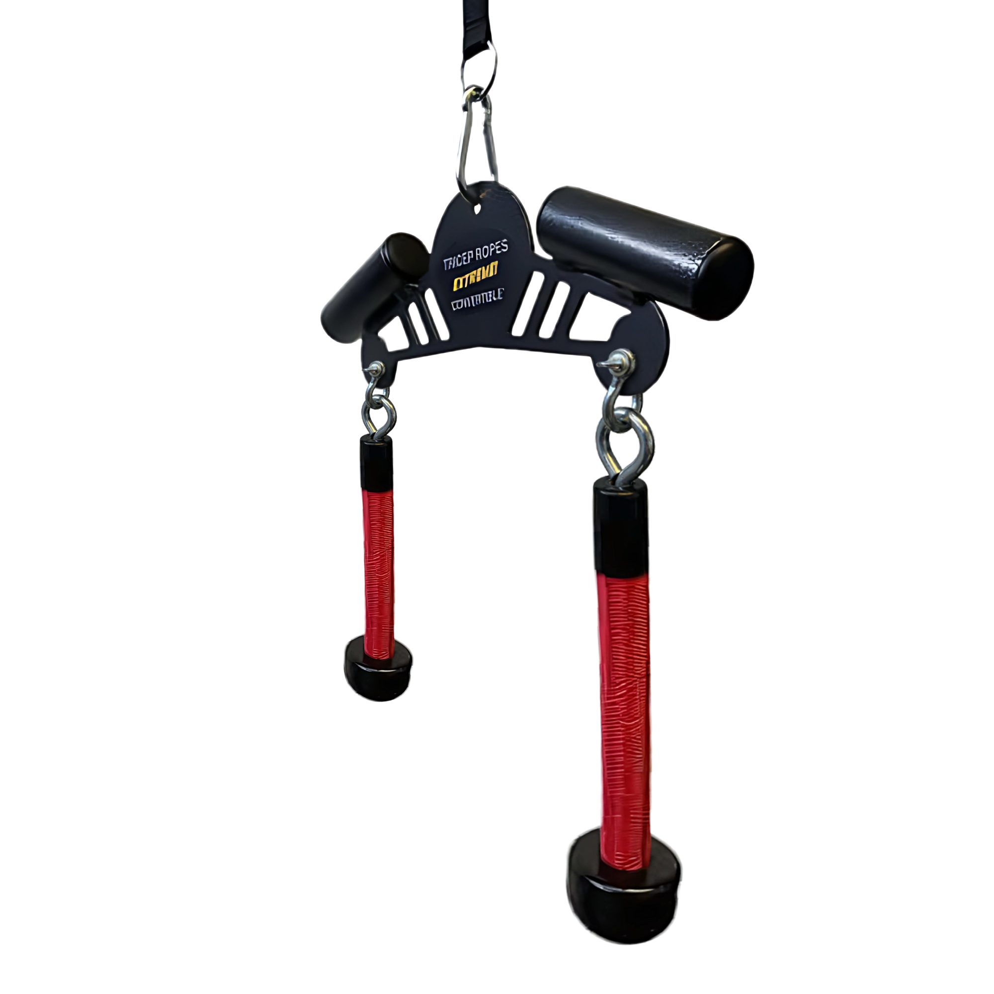 The Convertible Plus Tricep Rope 'Super Set' Tricep Attachment features black and red handles on a sturdy frame, ideal for tricep cable press downs. Includes commercial gym shackles for secure use and intense triceps workouts.