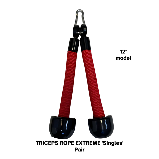 The Convertible Plus Tricep Rope 'Super Set' Attachment features red and black design, rubber ends, and metal clasp—ideal for commercial gym use and effective triceps workouts.