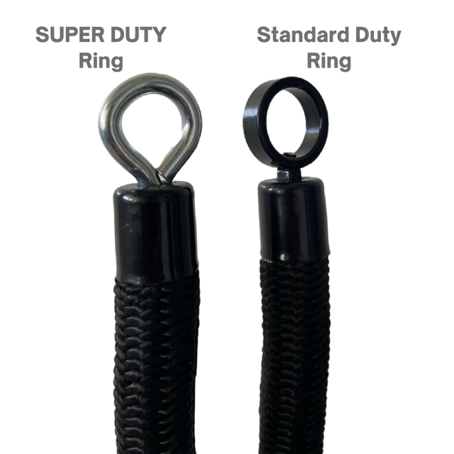 The Convertible Plus Tricep Rope 'Super Set' Tricep Attachment features two black ropes with different metal rings—"SUPER DUTY" and "Standard Duty"—with removable snap hooks, ideal for triceps exercises or use with the CONVERTIBLE PLUS system.