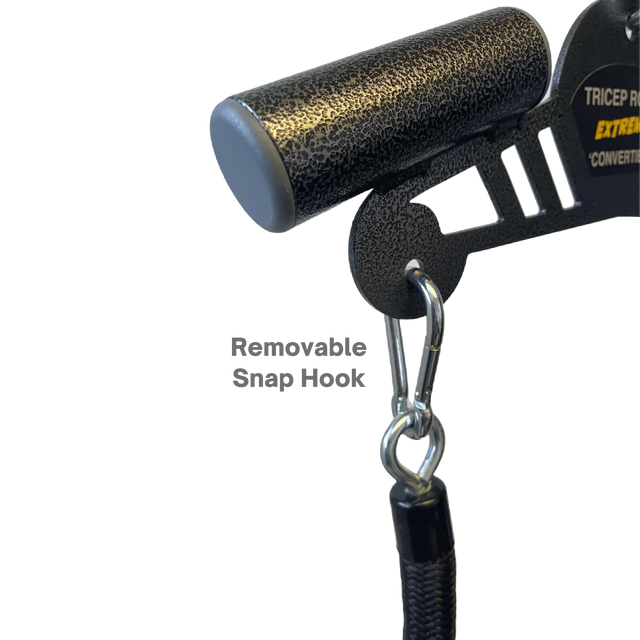 Close-up of the Convertible Plus Tricep Rope 'Super Set' Tricep Attachment featuring removable snap hooks, ideal for targeting triceps. Text reads "Removable Snap Hook.