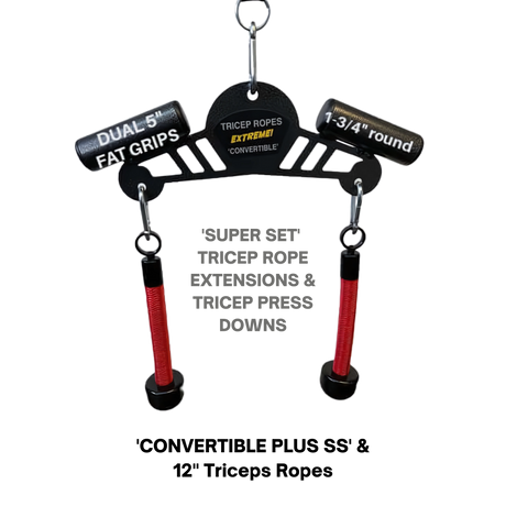 The Convertible Plus Tricep Rope 'Super Set' Tricep Attachment features dual fat grips and handles, designed for effective superset triceps targeting during extensions and press downs, with commercial gym shackles.