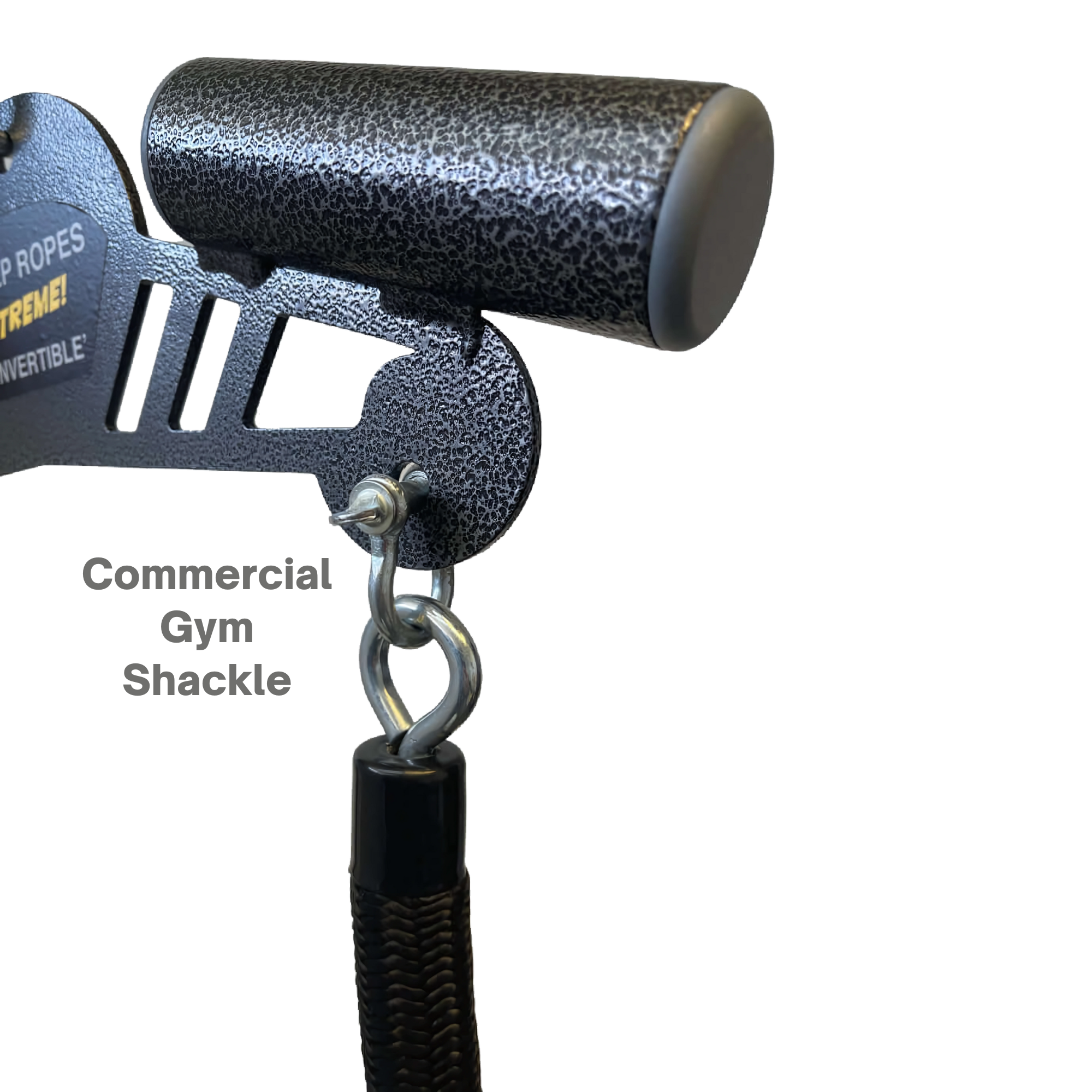 Close-up of the Convertible Plus Tricep Rope 'Super Set' Tricep Attachment – Commercial Gym Shackles, featuring a textured black handle and labeled metal parts, perfect for effective triceps targeting during Super Set routines.
