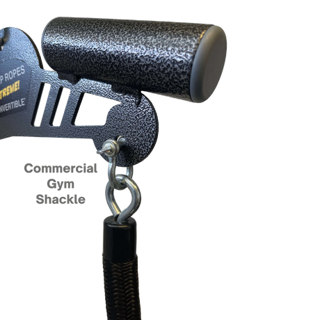 Close-up of the Convertible Plus Tricep Rope 'Super Set' Tricep Attachment – Commercial Gym Shackles, featuring a textured black handle and labeled metal parts, perfect for effective triceps targeting during Super Set routines.