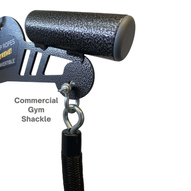Close-up of the Convertible Plus Tricep Rope 'Super Set' Tricep Attachment – Commercial Gym Shackles, featuring a textured black handle and labeled metal parts, perfect for effective triceps targeting during Super Set routines.