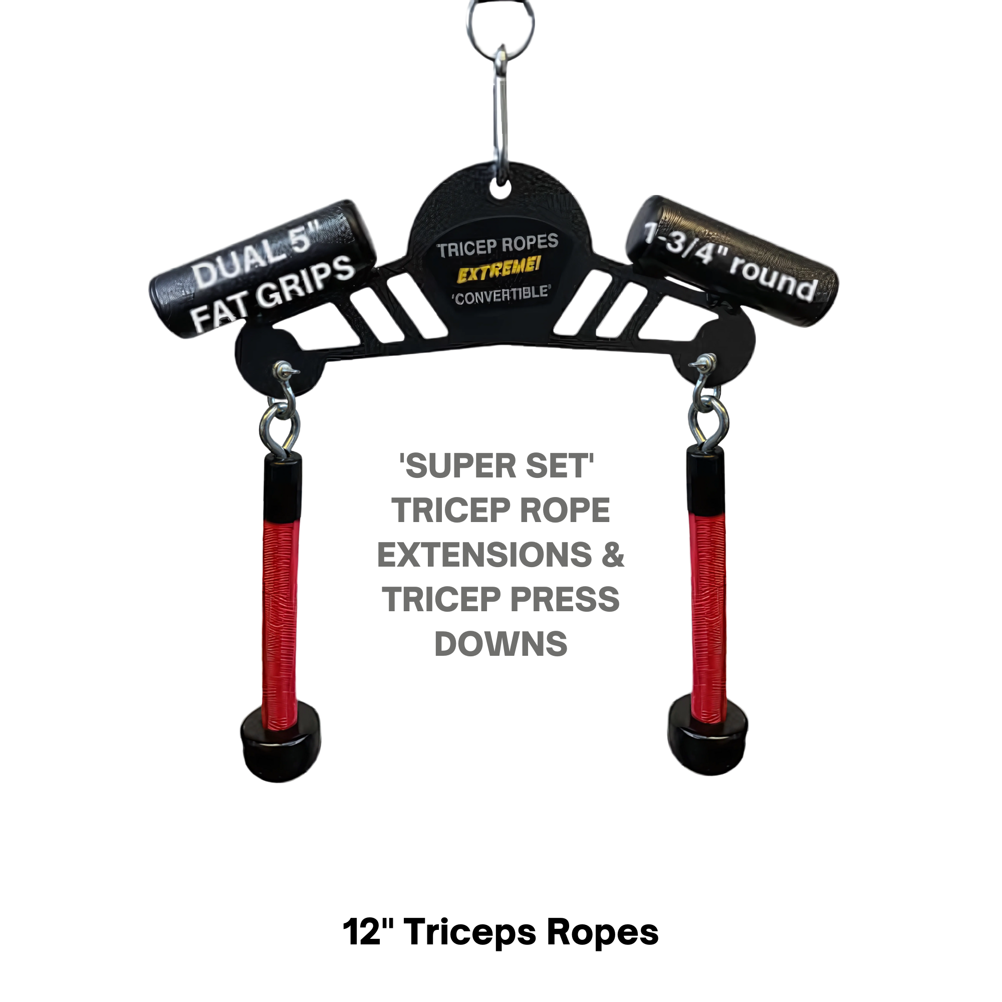 The Convertible Plus Tricep Rope 'Super Set' Attachment with dual fat grips and red handles is ideal for rope extensions and press downs—commercial-grade quality for intense triceps workouts.