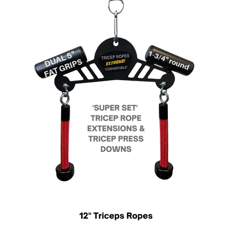 The Convertible Plus Tricep Rope 'Super Set' Attachment with dual fat grips and red handles is ideal for rope extensions and press downs—commercial-grade quality for intense triceps workouts.