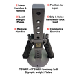 Top view of a 'Dual Mode' Weight Load Pin for EZ DIP and GRIP FREAK, featuring numbered labels on its Plate Shaft, Chain, Snap Link, and EZ SQUAT Handles for secure fitting and versatile workouts.