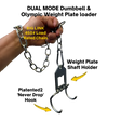 A hand holds the ‘Dual Mode’ Weight Load Pin for EZ DIP and GRIP FREAK, featuring EZ SQUAT HANDLES, a plate shaft, chain, and snap link for secure lifting.