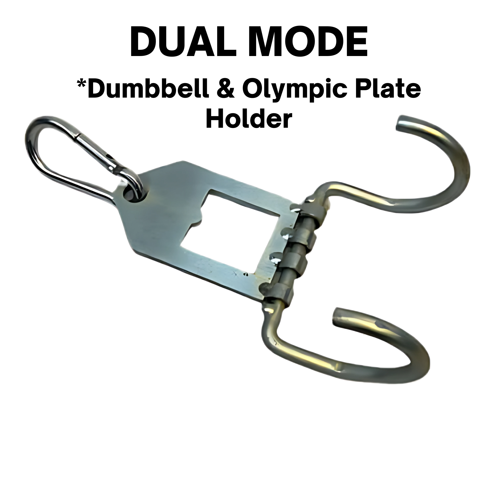 The 'Dual Mode' Weight Load Pin for EZ DIP and GRIP FREAK features a carabiner, hinge, and dual hooks for secure attachments. Includes DUAL MODE & Snap Link. Perfect as a weight load pin. Isolated on white background.