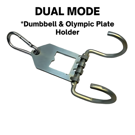 The 'Dual Mode' Weight Load Pin for EZ DIP and GRIP FREAK features a carabiner, hinge, and dual hooks for secure attachments. Includes DUAL MODE & Snap Link. Perfect as a weight load pin. Isolated on white background.