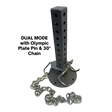 The 'Dual Mode' Weight Load Pin for EZ DIP and GRIP FREAK features a plate shaft, chain, snap link, EZ Squat Handles, and multiple adjustment options for secure and versatile weight training.