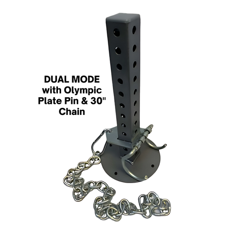 The 'Dual Mode' Weight Load Pin for EZ DIP and GRIP FREAK features a plate shaft, chain, snap link, EZ Squat Handles, and multiple adjustment options for secure and versatile weight training.