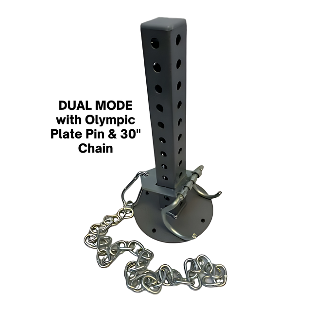The 'Dual Mode' Weight Load Pin for EZ DIP and GRIP FREAK features a plate shaft, chain, snap link, EZ Squat Handles, and multiple adjustment options for secure and versatile weight training.