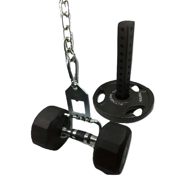 The 'Dual Mode' Weight Load Pin for EZ DIP and GRIP FREAK includes dual mode EZ Squat handles, plate shaft, chain, and snap link—shown on a white background.