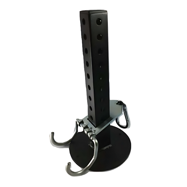 The 'Dual Mode' Weight Load Pin for EZ DIP and GRIP FREAK features a black metal stand with a vertical perforated post, Olympic size pin, plus three curved dumbbell hooks at the base for versatile plate loading.