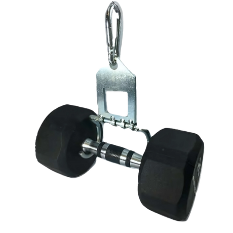The 'Dual Mode' Weight Load Pin for EZ DIP and GRIP FREAK - DUAL MODE & Snap Link is attached to a black hexagonal dumbbell, isolated on a white background.