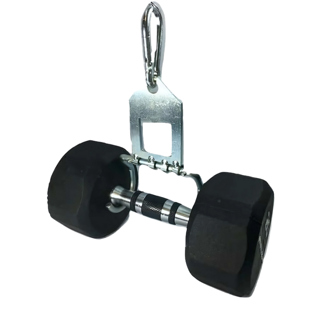 The 'Dual Mode' Weight Load Pin for EZ DIP and GRIP FREAK - DUAL MODE & Snap Link is attached to a black hexagonal dumbbell, isolated on a white background.