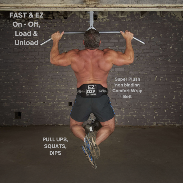 A muscular man performs a pull-up using the E-Z DIP Belt with Chain and Dumbbell Hook. Text highlights exercise benefits and belt features—ideal for boosting strength routines like weighted triceps dips or dumbbell loading.