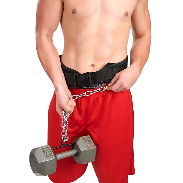 A man in red shorts wears an E-Z DIP Belt with Chain, Dumbbell Hook, and Universal Plate Holder, securing a dumbbell at his waist with the sturdy chain.