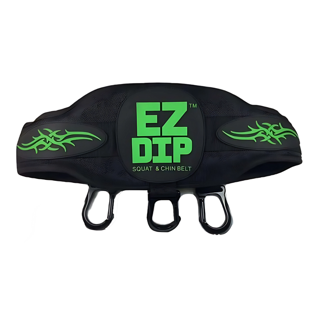 The E-Z DIP Belt with Chain, Dumbbell Hook, and Universal Plate Holder features black material with green text/designs and three hanging loops for easy dumbbell loading and fast weight changes during workouts.