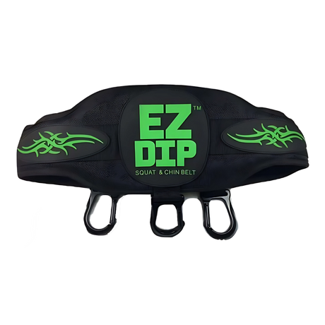 The E-Z DIP Belt with Chain, Dumbbell Hook, and Universal Plate Holder features black material with green text/designs and three hanging loops for easy dumbbell loading and fast weight changes during workouts.