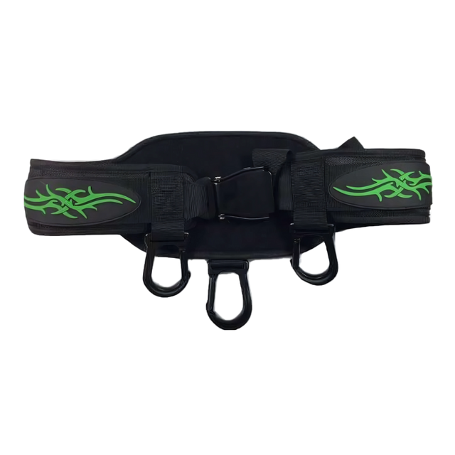 The E-Z DIP Belt with Chain, Dumbbell Hook, and Universal Plate Holder in black features green tribal designs and three black loops, making it perfect for sports or outdoor use with fast dumbbell loading for easy weight changes.