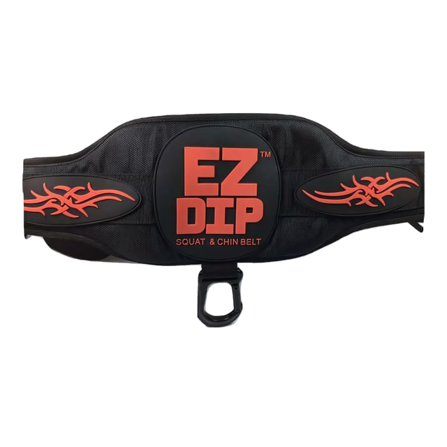 The E-Z DIP Belt with Chain, Dumbbell Hook, and Universal Plate Holder features bold "EZ DIP" on black with red tribal designs—perfect for easy dumbbell loading or fast weight changes during workouts.