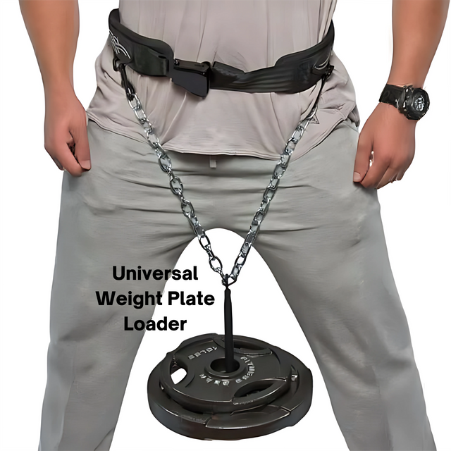 Person using the E-Z DIP Belt with Chain and Dumbbell Hook to attach weights for exercises like dumbbell loading or weighted triceps dips.