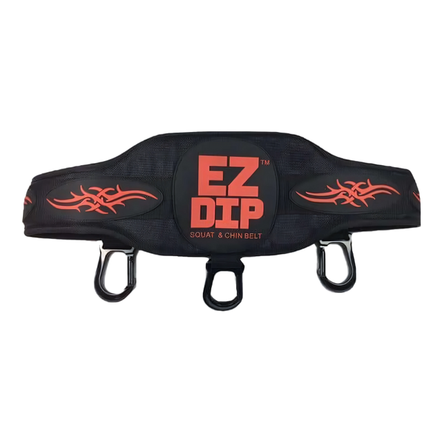 The E-Z DIP Belt with Chain, Dumbbell Hook, and Universal Plate Holder features bold red tribal designs, three metal loops for easy dumbbell loading, and is ideal for quick weight changes during your workouts.