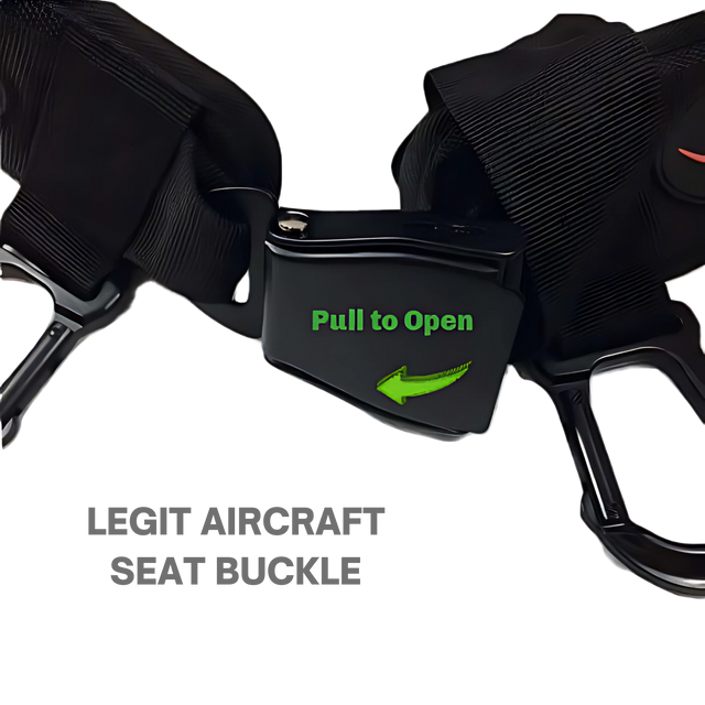 Black aircraft seat buckle with green arrow and "Pull to Open" text; caption: "LEGIT AIRCRAFT SEAT BUCKLE"—ideal for secure Dumbbell Loading or tracking weight changes with the E-Z DIP Belt with Chain, Dumbbell Hook & Universal Plate Holder.