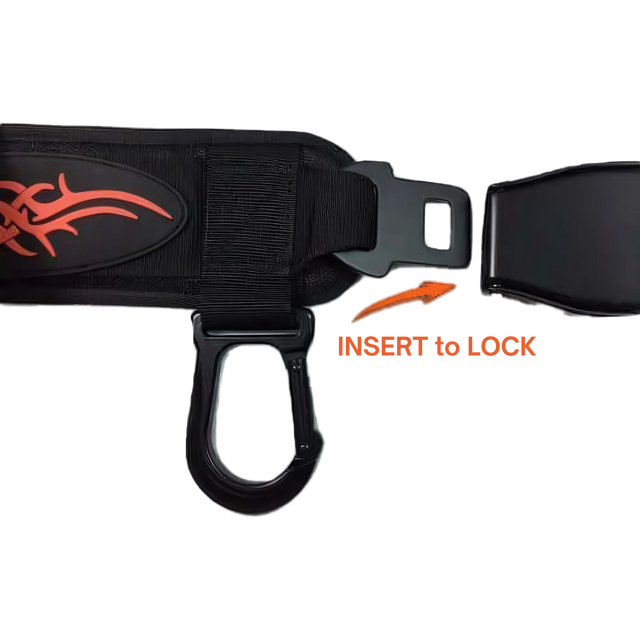 The E-Z DIP Belt with Chain, Dumbbell Hook, and Universal Plate Holder features a black strap with tribal design, metal buckle with insert/lock arrow—ideal for quick dumbbell loading and easy weight adjustments.