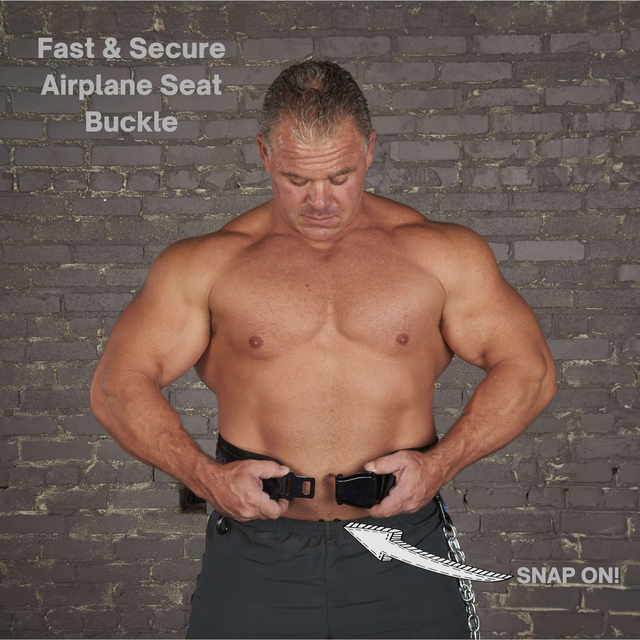 Shirtless man buckling a black belt with "E-Z DIP Belt with Chain, Dumbbell Hook and Universal Plate Holder" text above—ideal for users needing adjustable comfort during weight changes or seeking extra support.
