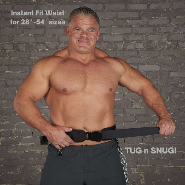 Muscular man showcases the E-Z DIP Belt with Chain, Dumbbell Hook and Universal Plate Holder against a gray brick wall, featuring the text "TUG n SNUG!.