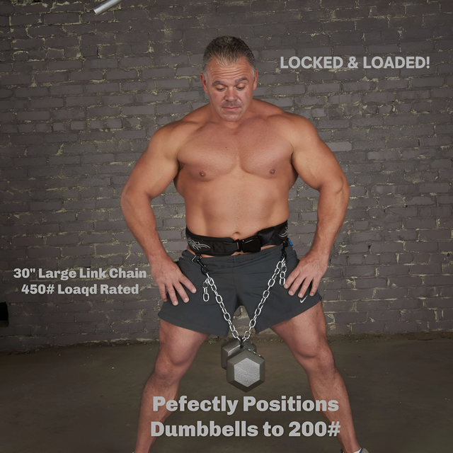 A muscular man in shorts poses with a heavy dumbbell attached by a chain from the E-Z DIP Belt with Chain, Dumbbell Hook and Universal Plate Holder, the weight hanging securely at his waist.
