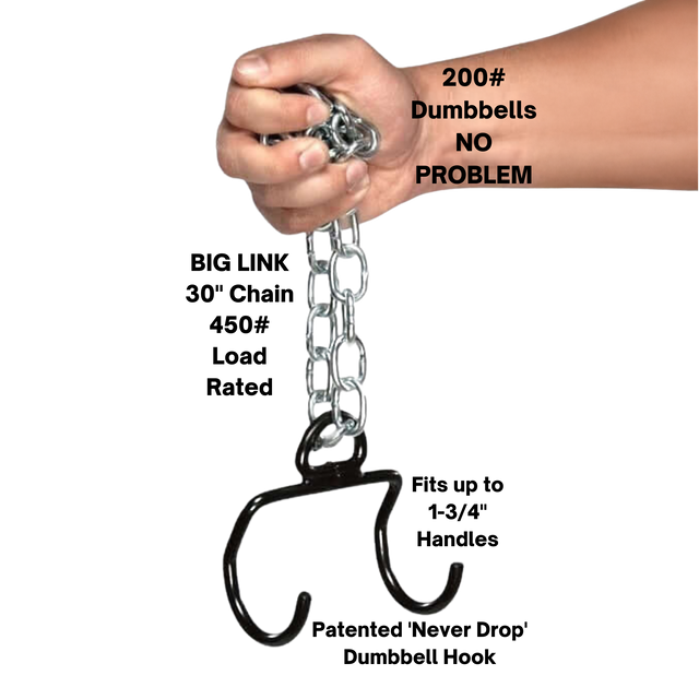 A hand grips a chain with a metal hook; text reads, "E-Z DIP Belt with Chain, Dumbbell Hook and Universal Plate Holder—200lb Dumbbells NO PROBLEM." Perfect for seamless dumbbell loading and heavy lifts.