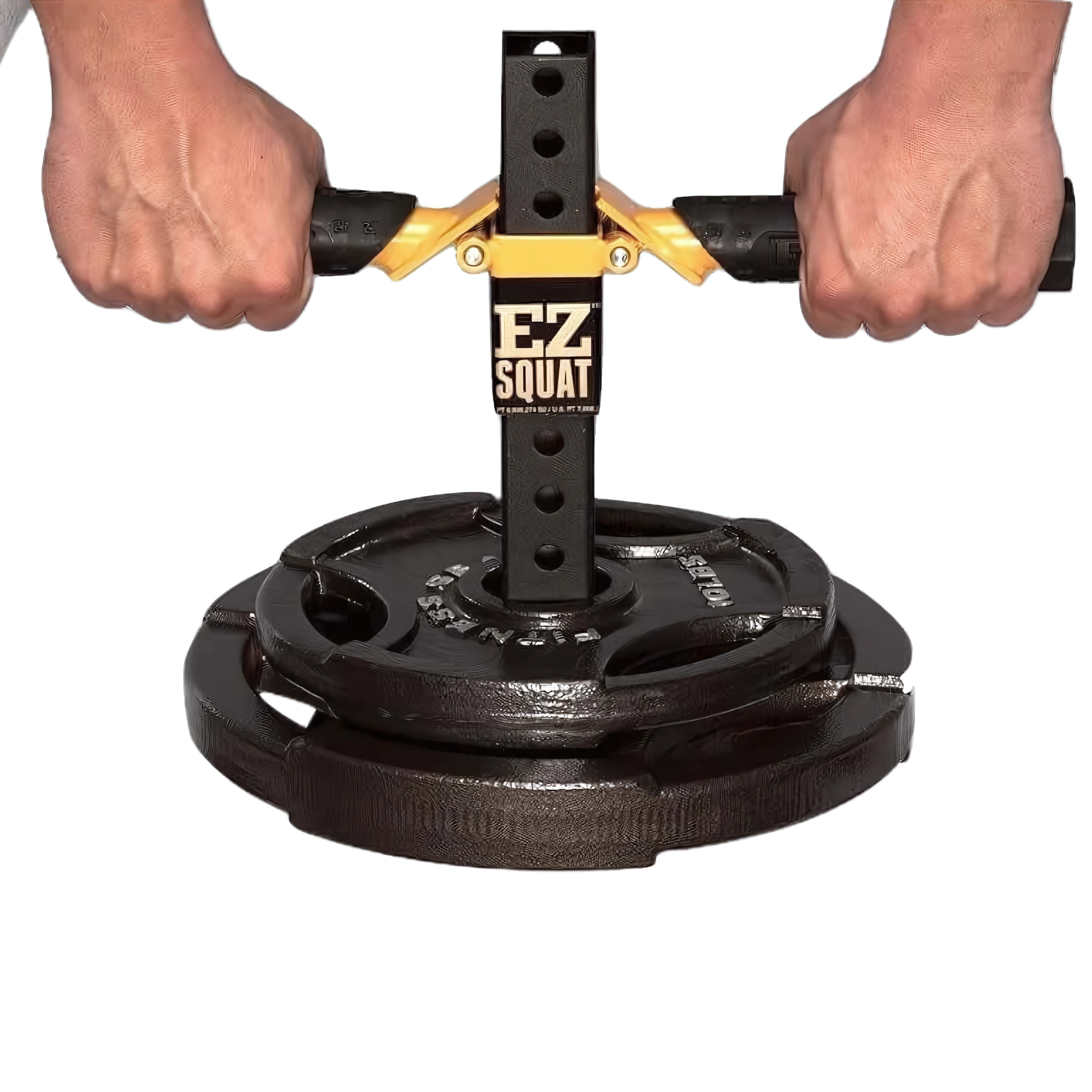 Close-up of hands gripping the EZ SQUAT Combo Pac Free Weight Glute Exercises handles with Olympic Weight Plates attached, set against a black background.
