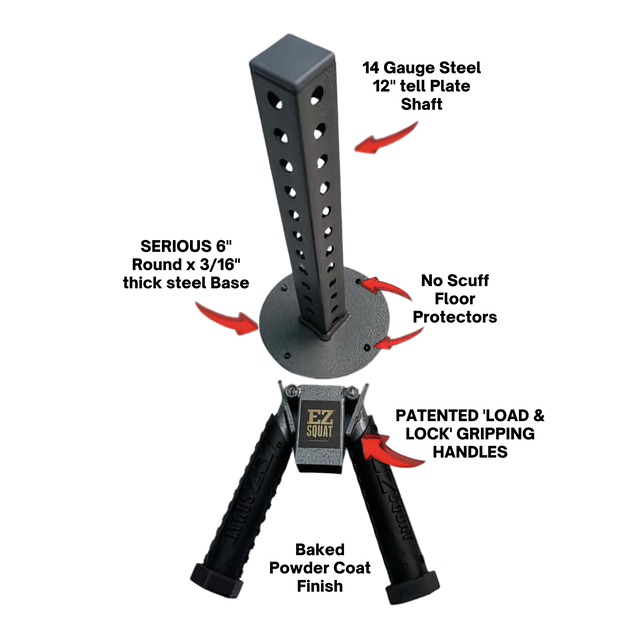 Black EZ SQUAT Combo Pac Free Weight Glute Exercises Handles with arrows showing adjustable mechanisms, labeled handles, and compatible with dumbbells or Olympic weight plates.