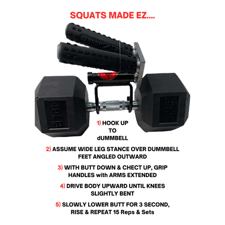 The EZ SQUAT Combo Pac Free Weight Glute Exercises Handles attached to a dumbbell; text reads "SQUATS MADE EZ...." with a numbered list below.