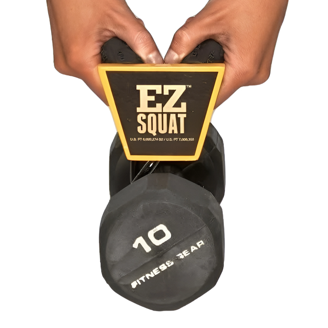 Hands holding EZ SQUAT Combo Pac Free Weight Glute Exercises Handles attached to a 10 lb Fitness Gear dumbbell, viewed from above. Compatible with dumbbells and Olympic weight plates for versatile strength training.