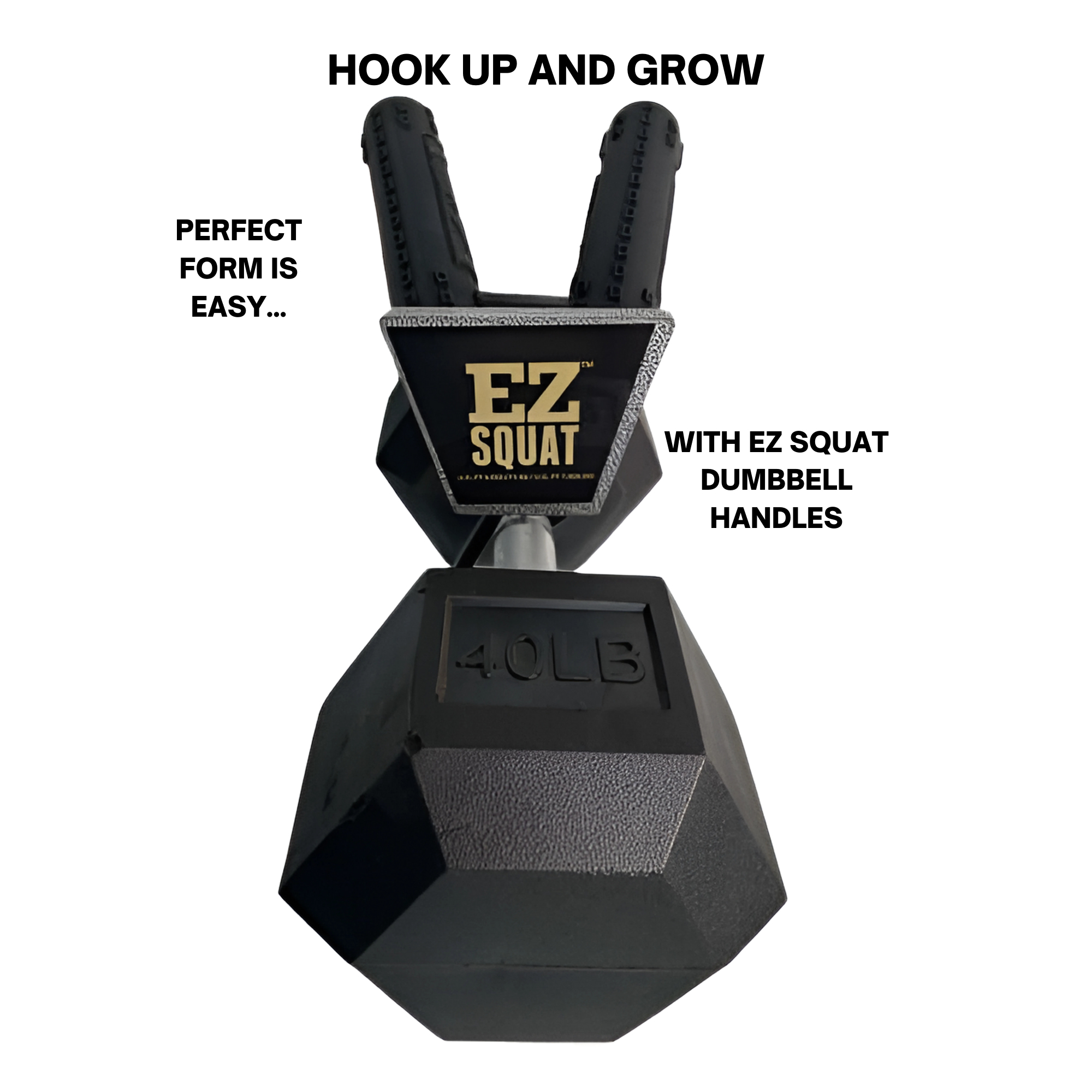 The EZ SQUAT Combo Pac Free Weight Glute Exercises Handles attach to a 40-pound hex dumbbell, combining dumbbell versatility with the comfort and support of the EZ SQUAT design.
