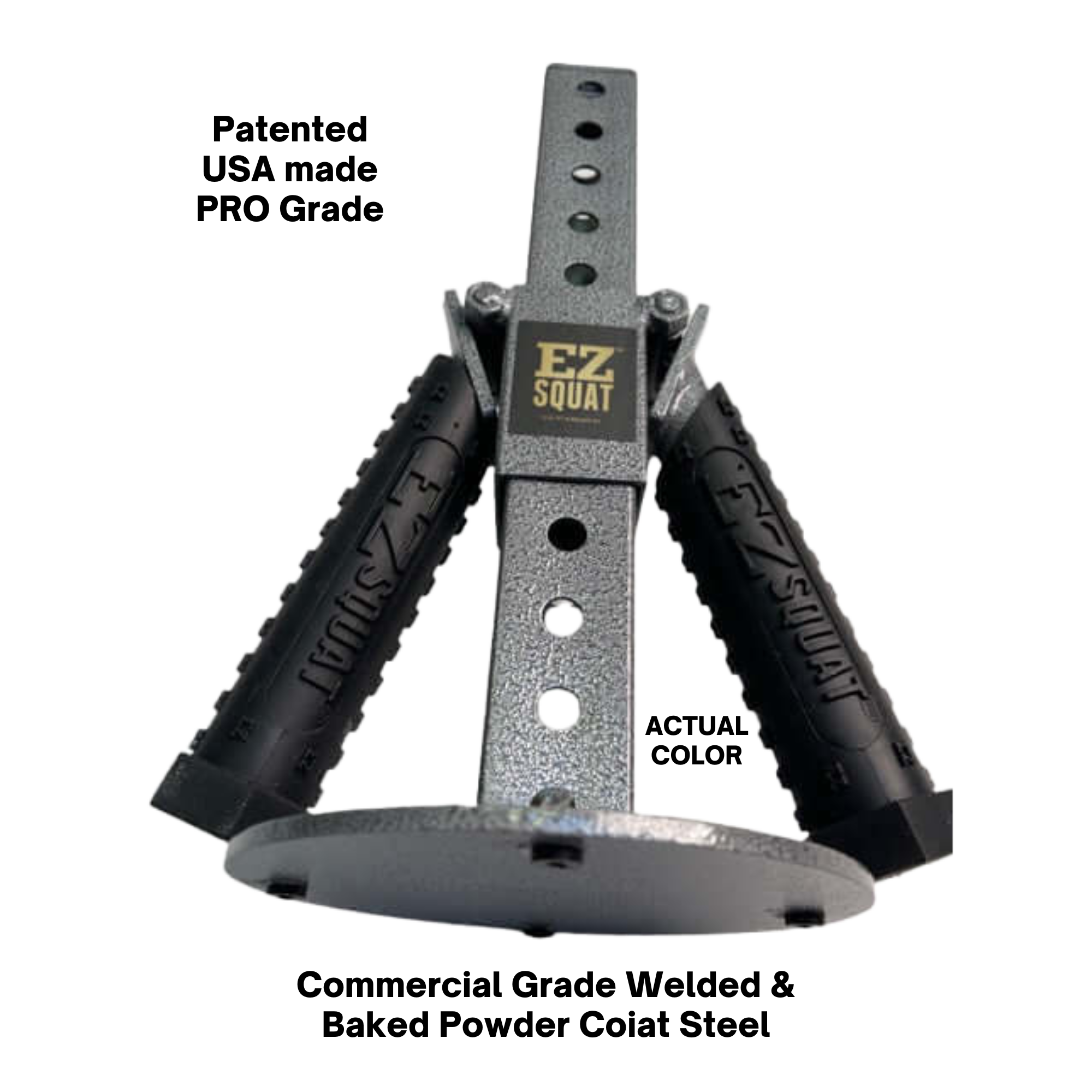 The EZ SQUAT Combo Pac Free Weight Glute Exercises Handles feature adjustable holes, dual black grips, a sturdy metal base, and are compatible with Olympic weight plates for versatile training.