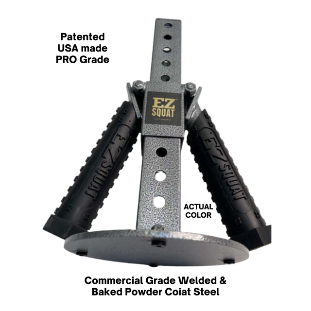 The EZ SQUAT Combo Pac Free Weight Glute Exercises Handles feature adjustable holes, dual black grips, a sturdy metal base, and are compatible with Olympic weight plates for versatile training.
