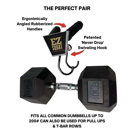 A 40-pound dumbbell is placed below the EZ SQUAT Dumbbell Gym Equipment for Legs Squat Handles, with red arrows highlighting connection points—ideal for elevating your squat routine or fitness classes.