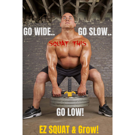 A muscular person in a gym uses the EZ SQUAT Handles System to perform a weighted squat. Text: "Go wide, go slow, squat this.