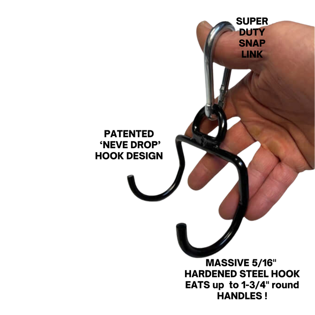Hand gripping the GRIP FREAK Fat Grip Wrist Roller Forearm Workout Tool - Plate Holder with black double hook, ideal for forearm exercises, isolated on a black background.